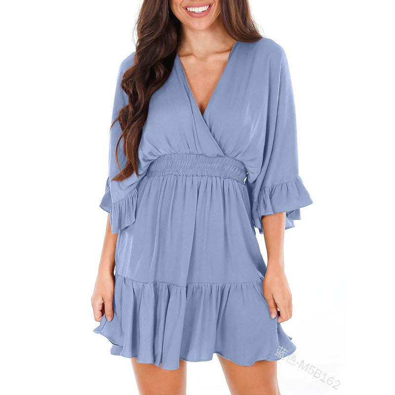 V Neck Loose High Waist Ruffle PleatedMini Dress