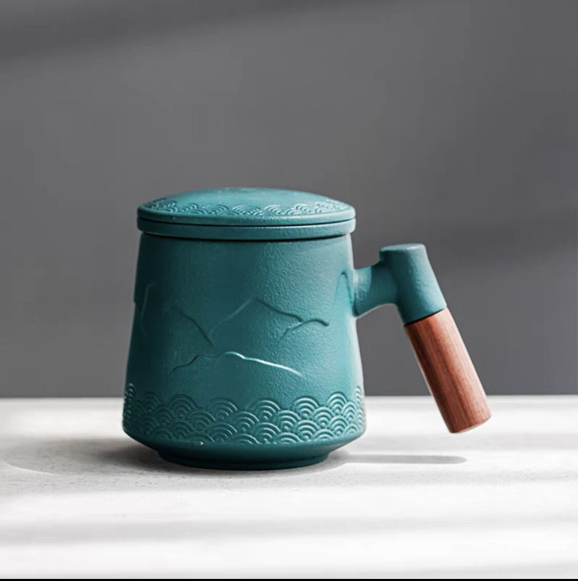 Summer SALE“Mountain” - Embossed Ceramic Tea Mug With Wooden Handle and Removable Infuser