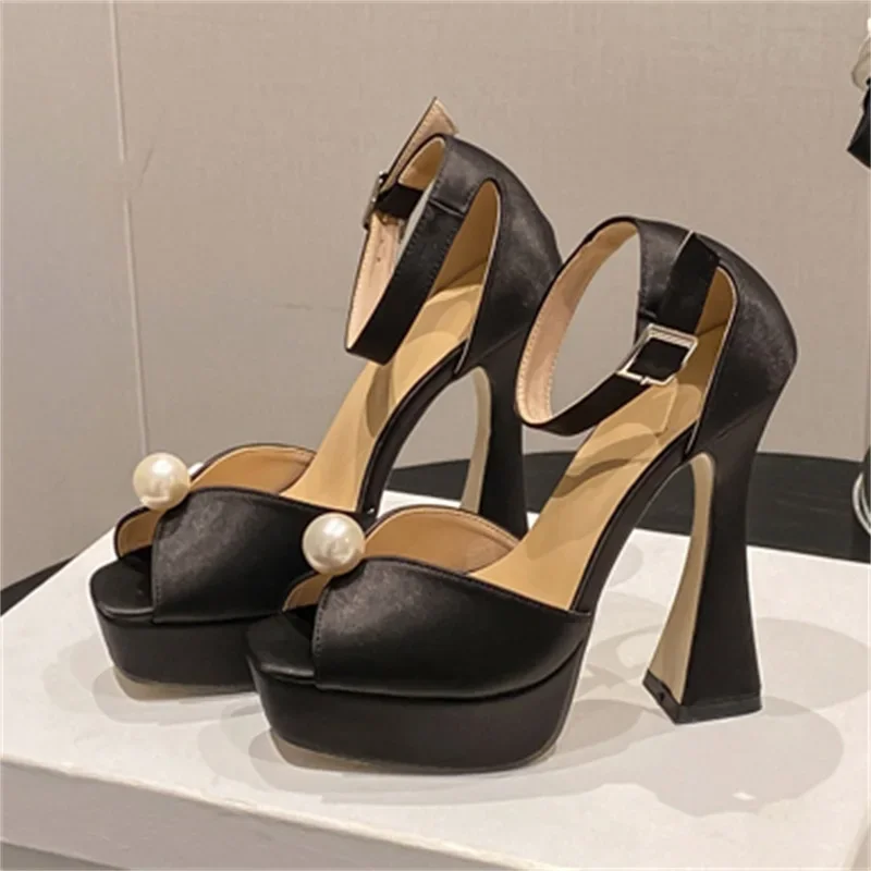 Eilyken Satin Bead Peep Toe Platform Heels - Ankle Strap Party Sandals