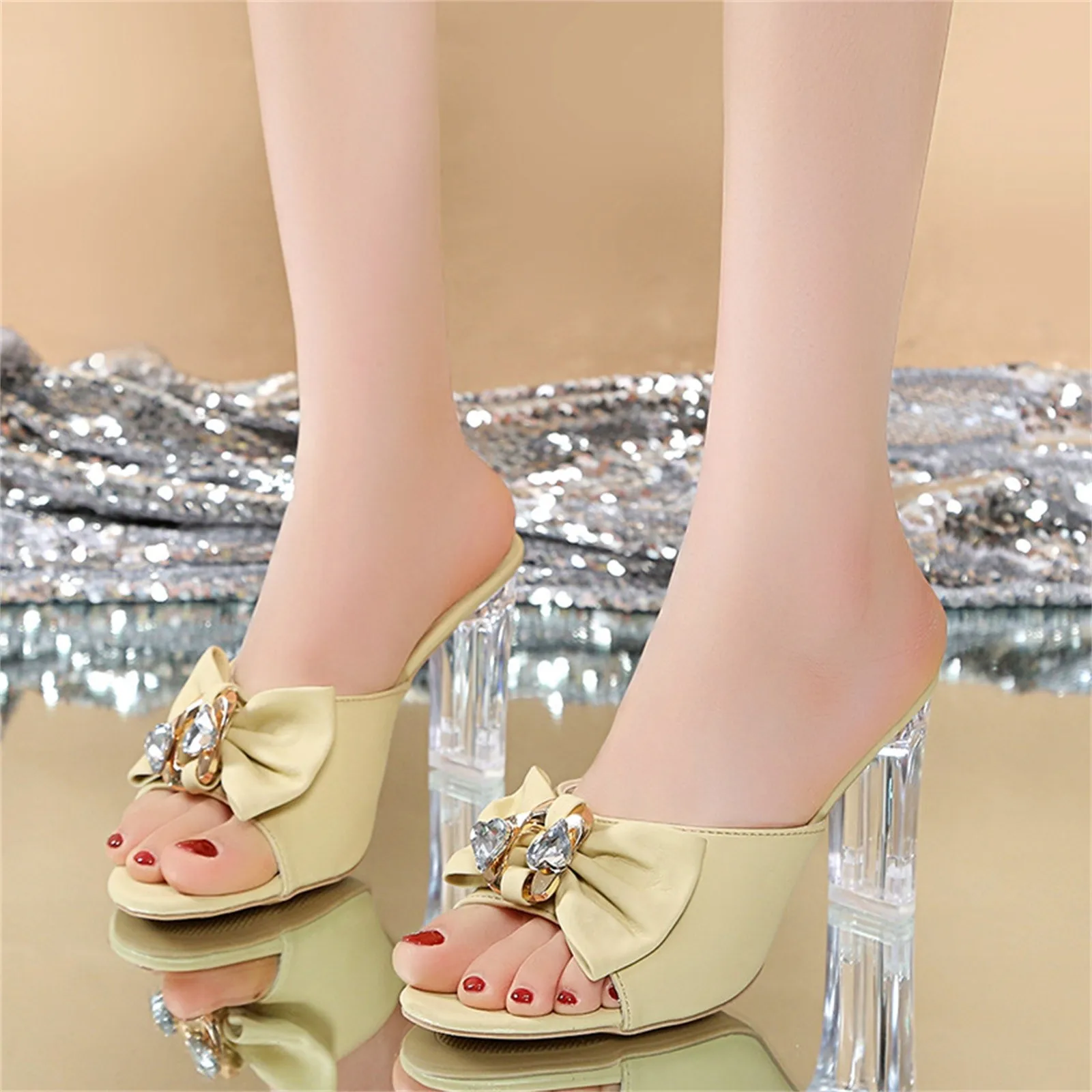 Crystal Bow Open Toe High Heel Slippers - Summer Fashion Sandals