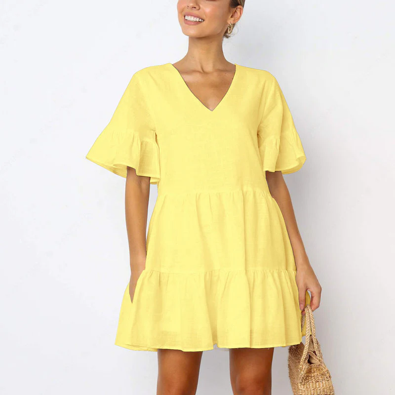 V Neck Cute Shift Loose Swing Mini Dress