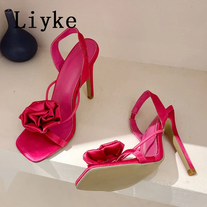 Liyke Square Toe Rose Slip-On Heels - Women's Sandals