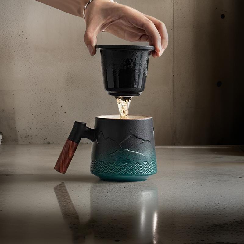 Summer SALE“Mountain” - Embossed Ceramic Tea Mug With Wooden Handle and Removable Infuser