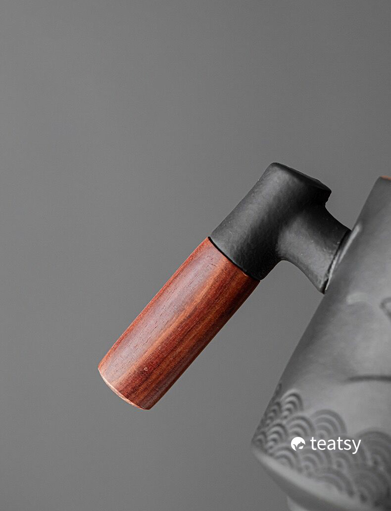 Summer SALE“Mountain” - Embossed Ceramic Tea Mug With Wooden Handle and Removable Infuser